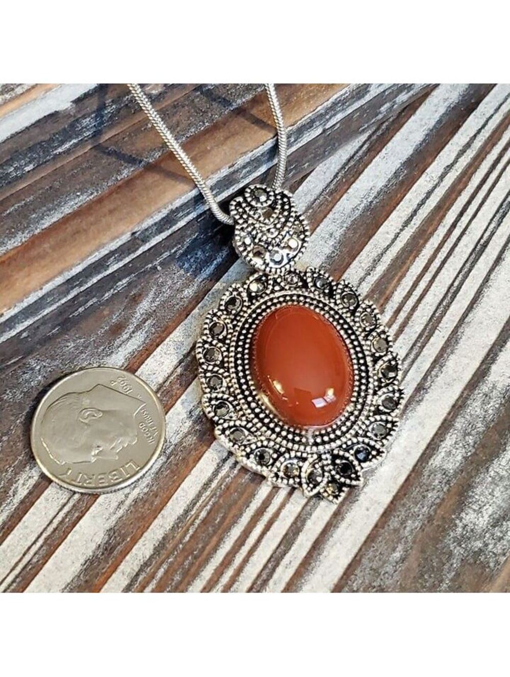 Red Carnelian Gemstone Victorian Necklace Silver Chain - Picture 2 of 4
